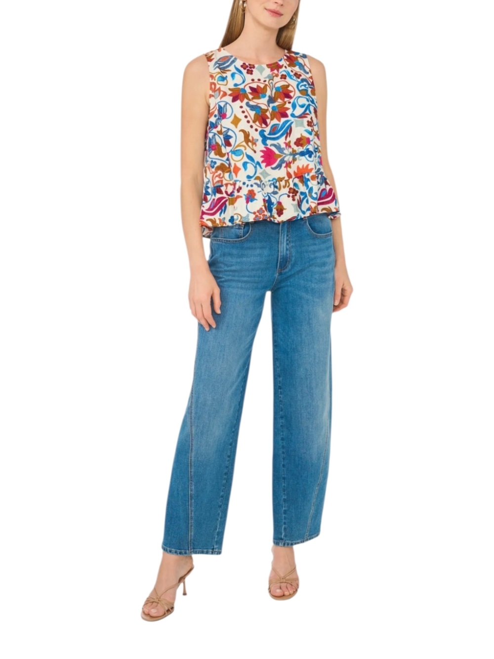 Vince Camuto Cream Floral Sleeveless Peplum Top with Blue and Pink Accents NWT - Picture 2 of 16